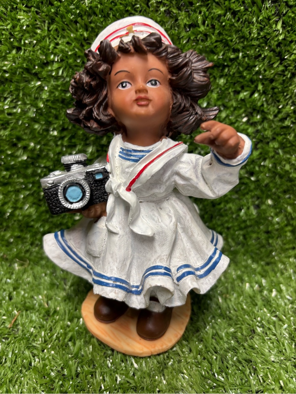 Girl Figurine in Sailor Dress with Camera - White & Blue